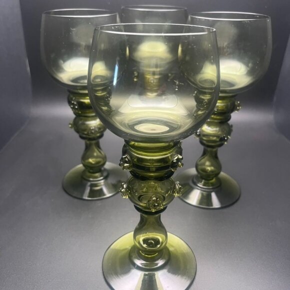 Antique Roemer Hock Hand Blown Wine Glasses Olive Green Set Of 4  Prunts Germany - Picture 3 of 10